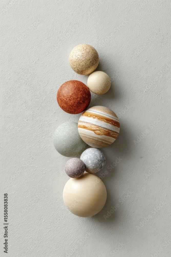 Aufkleber Minimalist Planet Alignment with Textured Solar System Spheres in Modern Art Style for Science Education and Cosmic Unity Concept