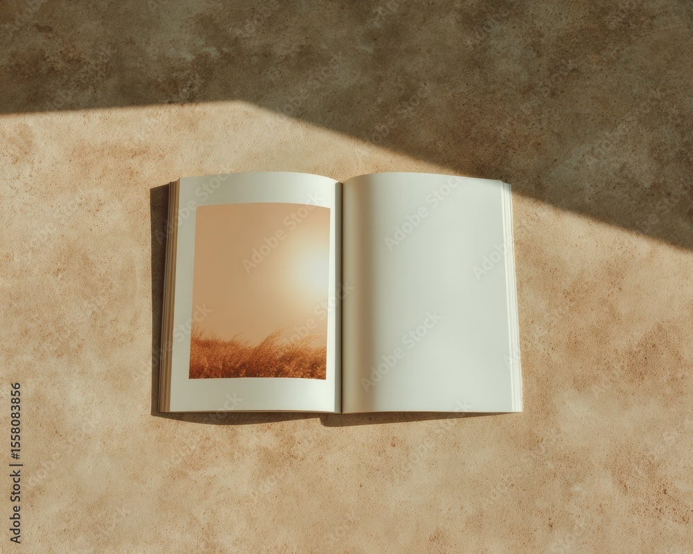 Poster minimalist open magazine flatlay on textured concrete with natural lighting, blank pages, modern edi