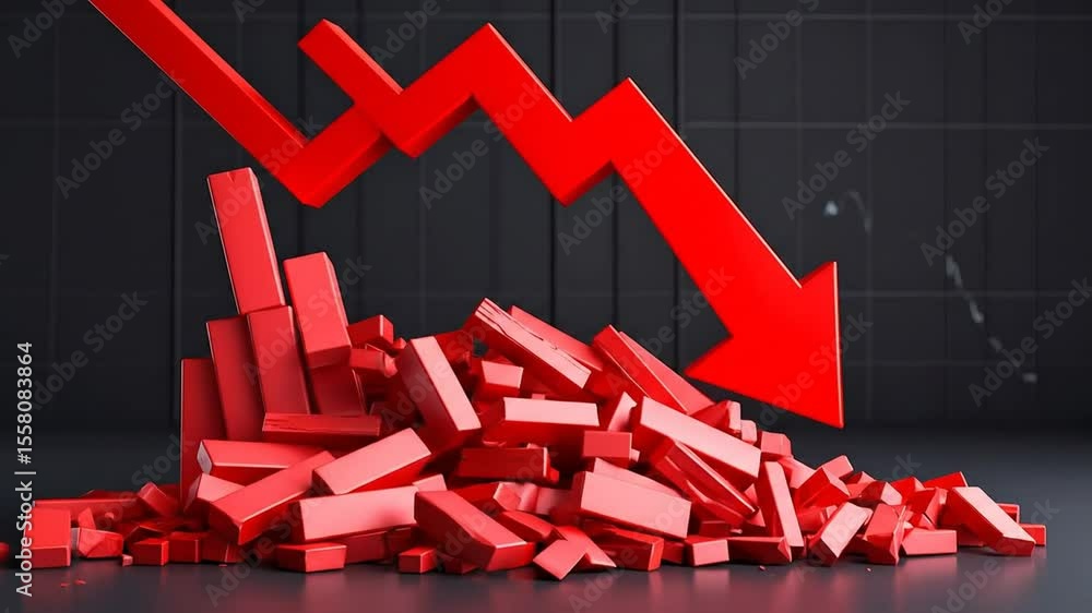 Poster Animated Falling Bar Graph with Red Arrow Illustrating Market Decline and Failure
