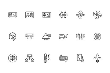Line icons of cooling climate control elements including air conditioners snowflakes