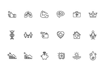 Line icons representing health wealth lifestyle including lungs brain family home piggy bank