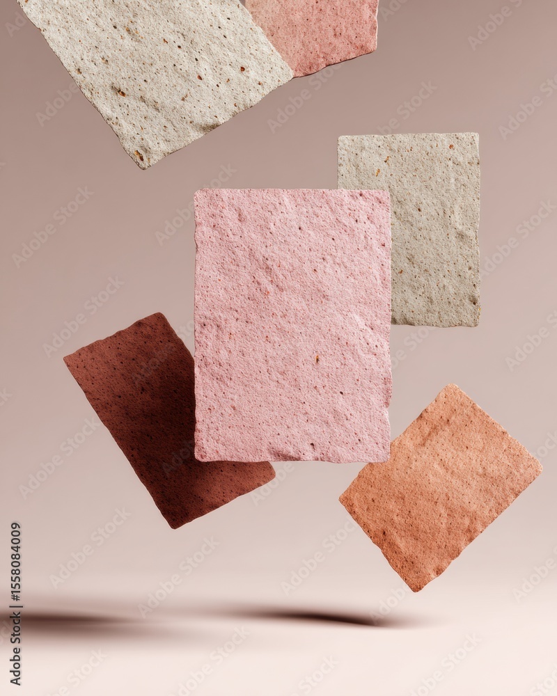 Aufkleber sustainable handmade paper sheets in neutral earth tones with natural texture floating on minimalist