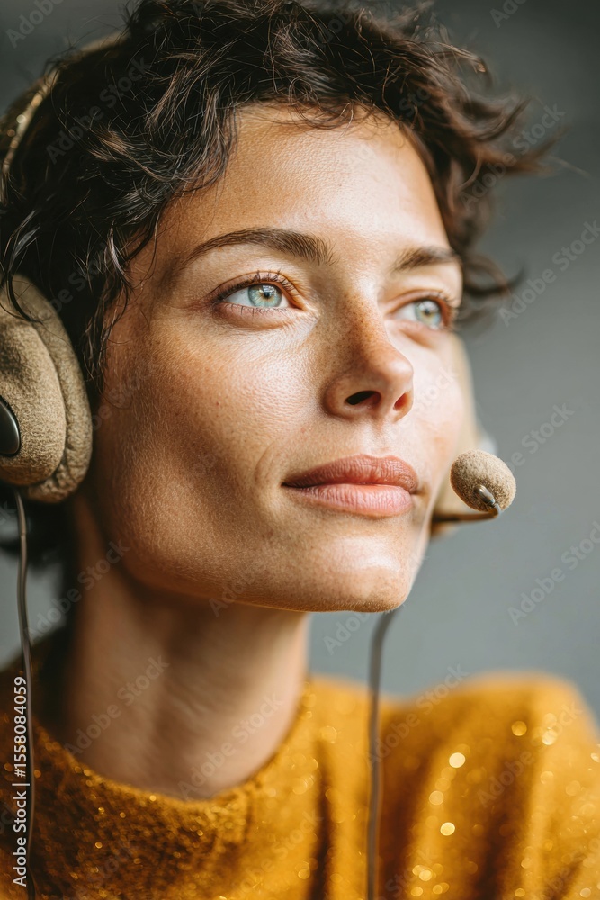 Poster modern virtual tour customer service agent with headset engaged in conversation at office desk for p