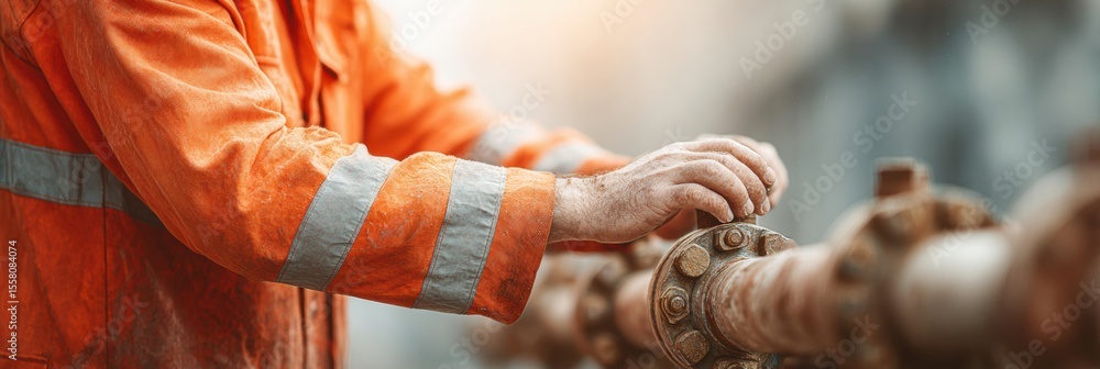 Poster industrial maintenance technician wearing high-visibility jacket adjusting pipeline valves for safet