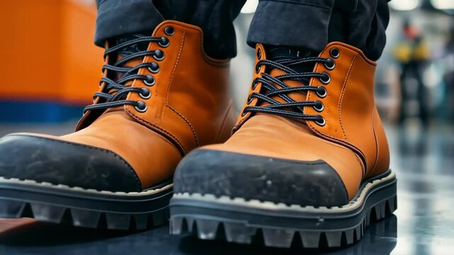 Close-up of rugged safety boots in an industrial setting.
