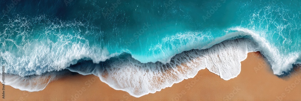 Poster aerial view of shoreline ebbing waves on dark sand beach with fine foam details symbolizing resilien