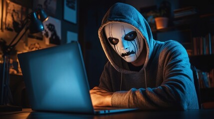 A person wearing a hooded sweatshirt and a mask with a white face and black eyes, sitting at a desk with a laptop in front of them.