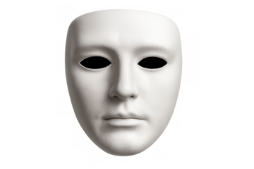 White mask with blacked-out eyes representing drama, mystery, and performance, isolated on a transparent background