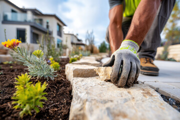 Landscaper designing a backyard in a residential area