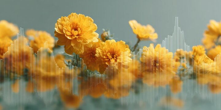 Digital Stock Market Chart Overlay on Yellow Marigold Flowers Symbolizing Financial Growth and Market Volatility with Modern Tech Aesthetic - Powered by Adobe