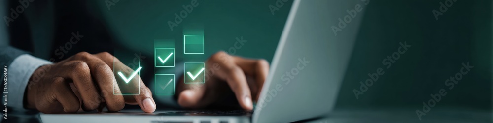 Aufkleber Businessman Using Laptop with Virtual Checklists and Survey Interfaces for Digital Vote Counts and Performance Tracking in Modern Tech Workplace