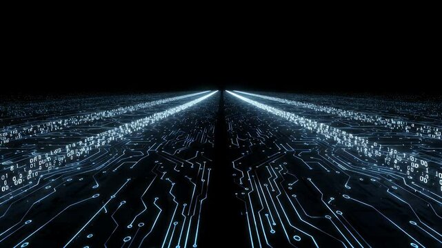 Glowing circuit board pathways with binary code