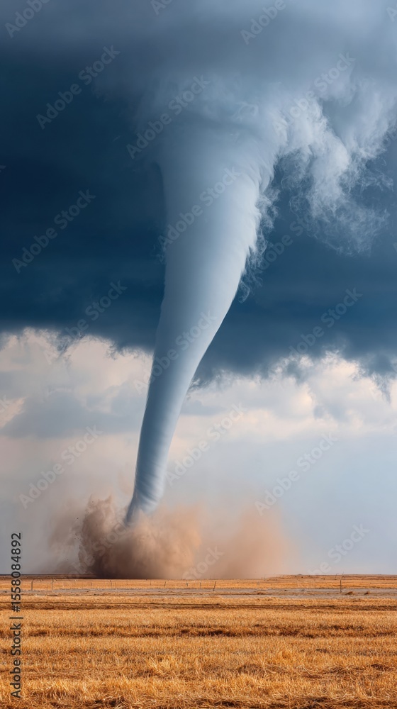 Poster dramatic tornado funnel cloud over open prairie with turbulent skies symbolizing severe weather and 