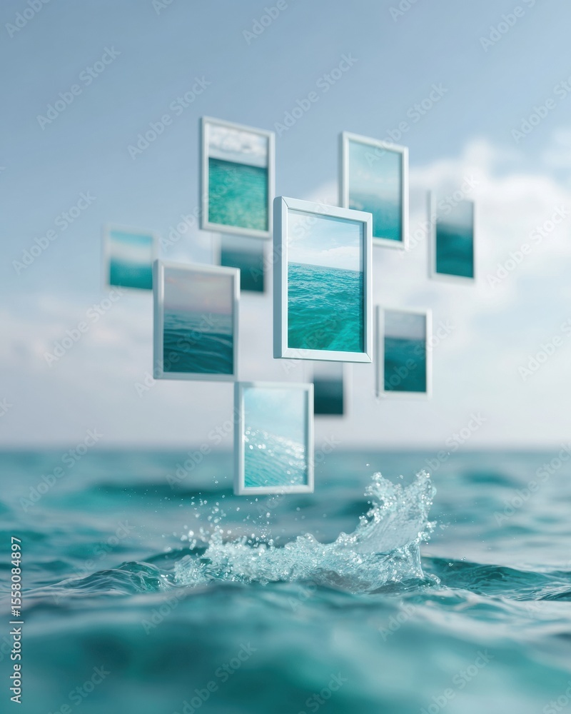 Poster Digital Tech Display with Floating Media Thumbnails Over Oceanic Background for Interactive Marketing and Immersive Visual Storytelling