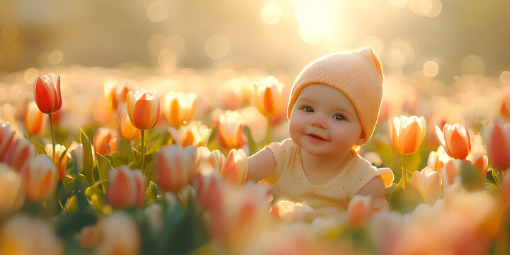 Smiling Baby in Blooming Pink Tulip Field with Bokeh Light

