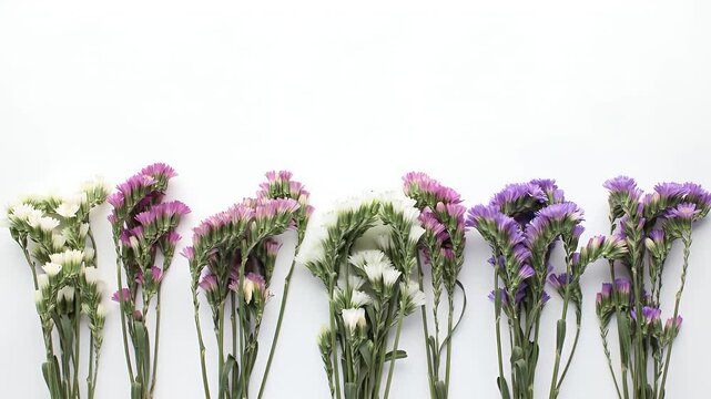 Display of Pink Purple and White Dried Statice Flowers on White Background in a Flat Lay Style