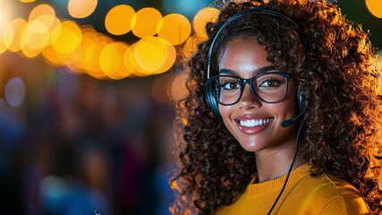 A smiling woman in a headset surrounded by warm bokeh lights. - Powered by Adobe