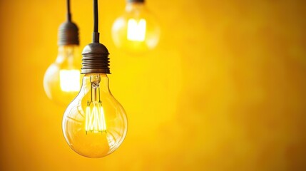 Three illuminated light bulbs hanging against a yellow background.