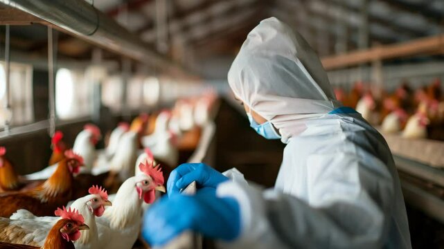 Worker in Hazmat Suit and Mask Inspecting Chickens at a Poultry Farm.