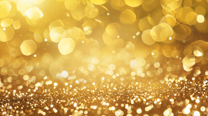 Golden light shine particles bokeh on black background. Holiday concept.