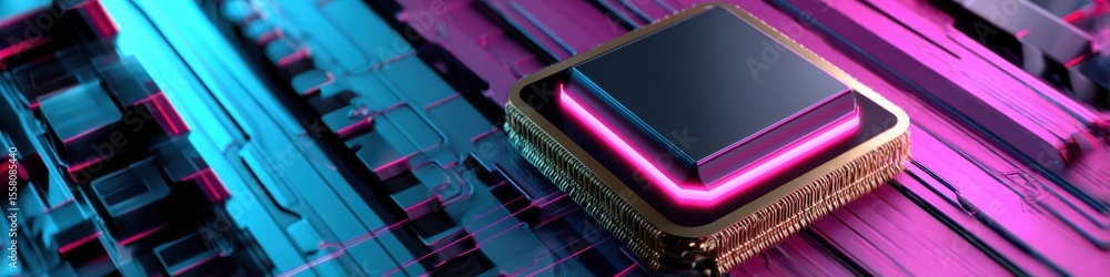 Aufkleber Quantum Hardware Microchip with Neon Glowing Circuits on Futuristic Background - Semiconductor Innovation for Advanced Data Processing and Tech Industry