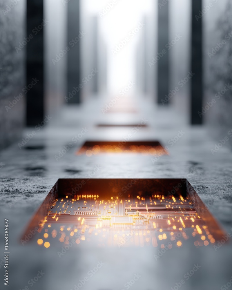 Aufkleber Quantum AI Semiconductor Chip with Illuminated Circuit Pathways on Industrial Platform for Advanced Computing and Big Data Innovation