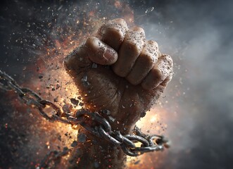 Fist breaking chains with an explosive background, a concept of freedom and power.