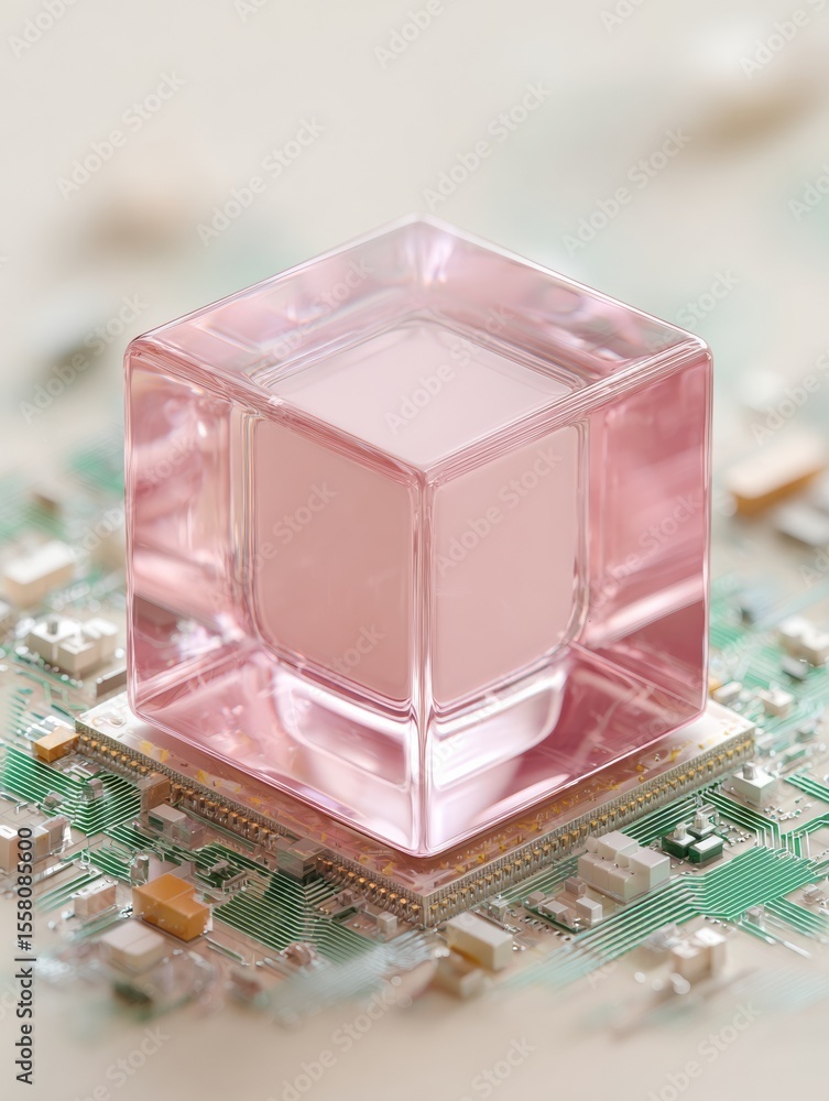 Poster Quantum Computer Chip Encased in Transparent Pink Cube on Circuit Board Representing Next-Gen Computing and Technological Innovation for High-Tech Industry