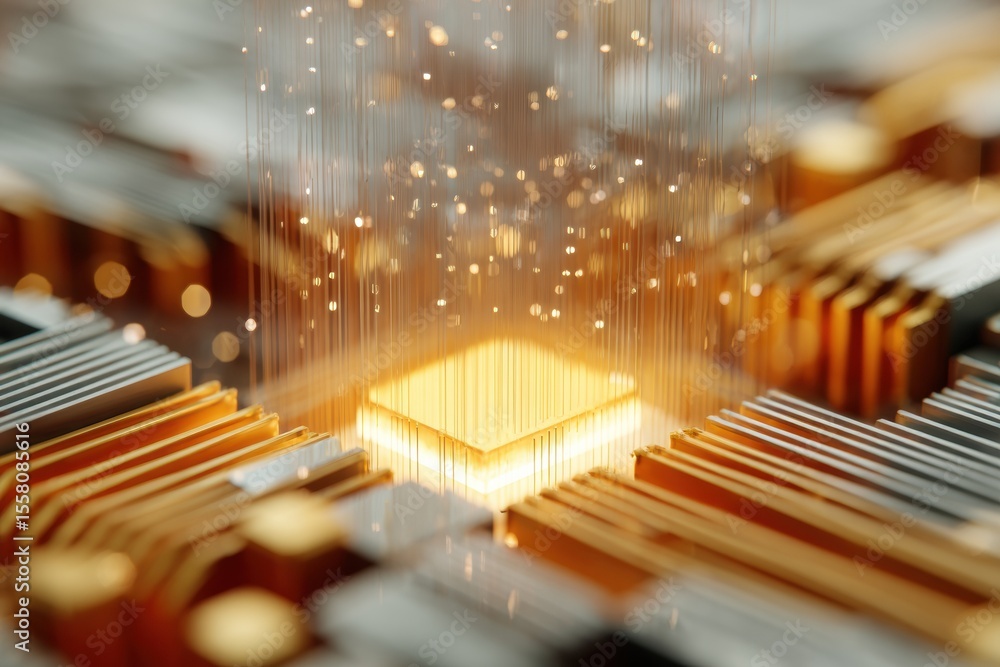 Poster Illuminated Quantum Chip Centered on Advanced Motherboard with Digital Data Streams for Futuristic Computing and Limitless Technology Innovation
