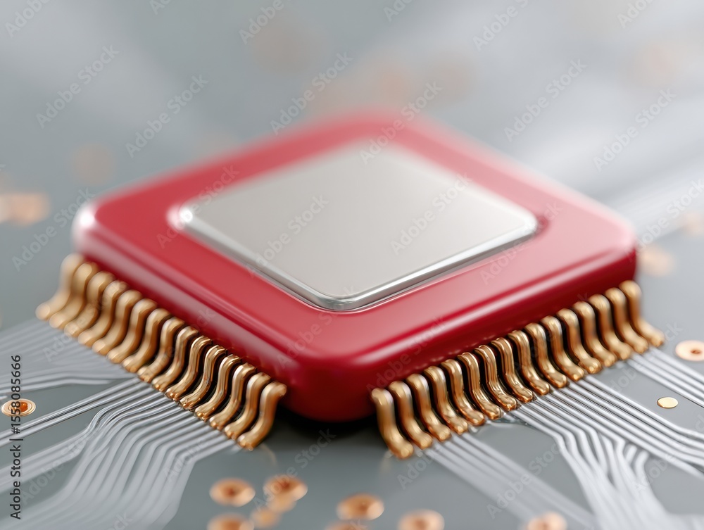 Aufkleber Quantum processor chip close-up with gold electronic pathways on circuit board showcasing AI neural networks for advanced computing and data connectivity