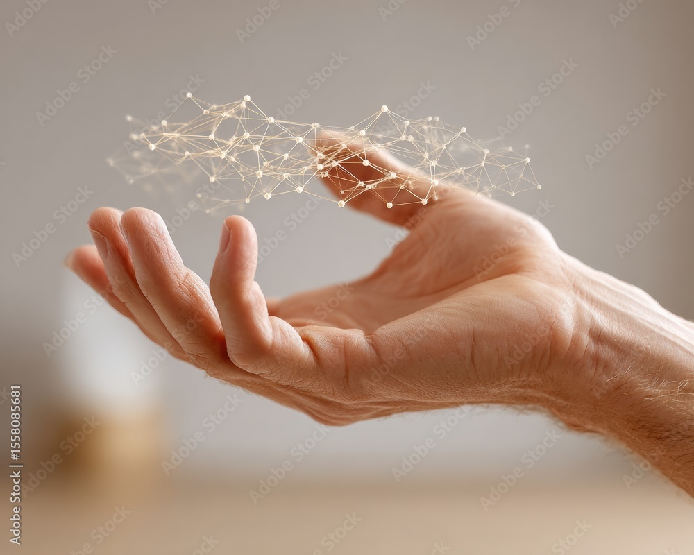 Aufkleber Human Hand Interacting with Abstract Digital Network Visualization Representing Machine Learning and Predictive Modeling for Business Analytics