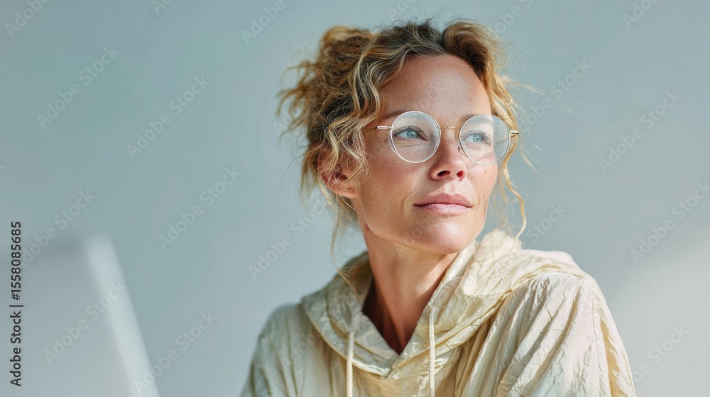 Poster modern woman using ai predictive model on laptop in bright apartment workspace for digital productiv