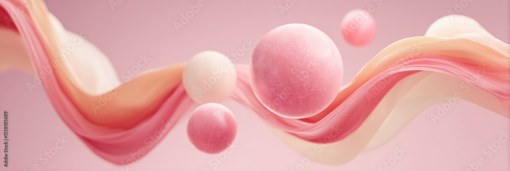 Poster abstract flowing spheres and ribbons in pastel pink with dynamic gradients, modern digital art for c