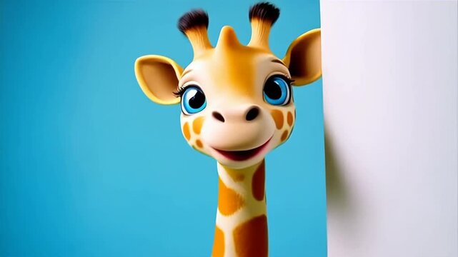 Cute Giraffe Cartoon Character on Blue Background Looking at Camera