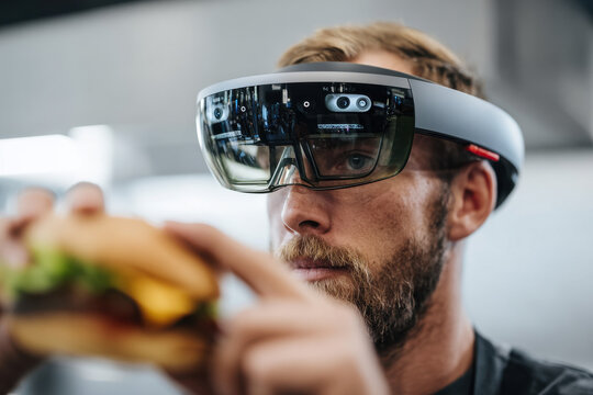 Young man wearing augmented reality glasses placing a fast food order via holographic interface in a modern kitchen