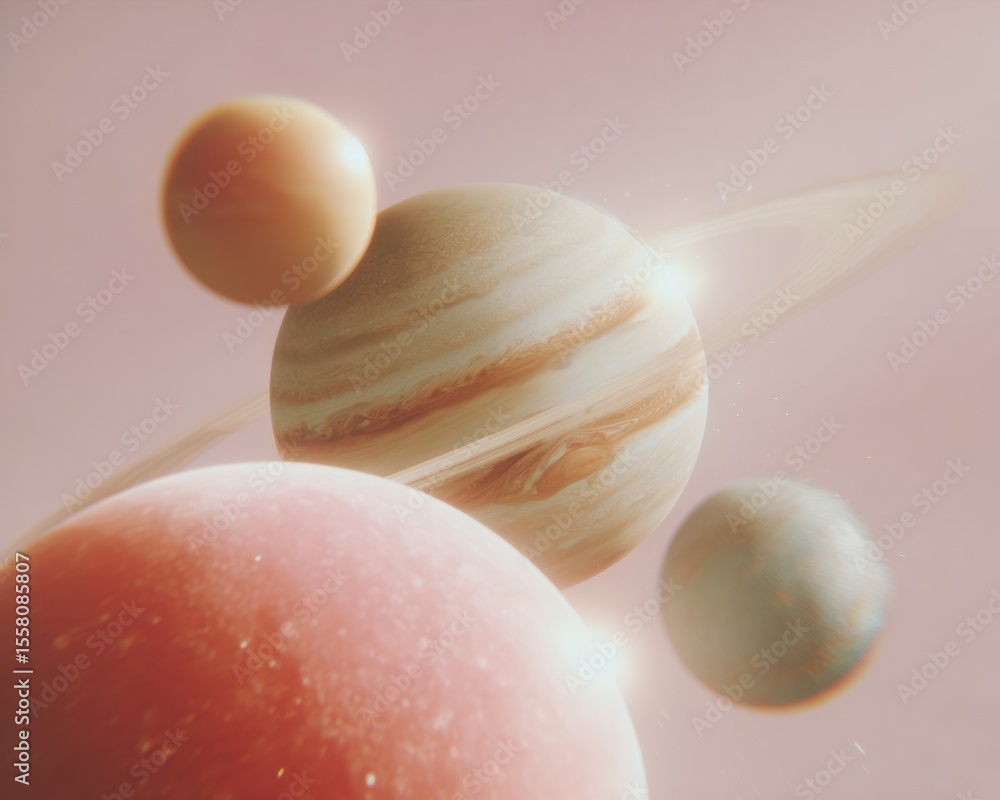 Poster Soft Focus Planet Alignment with Detailed Surfaces and Glowing Highlights for Space Science and Digital Discovery Campaigns