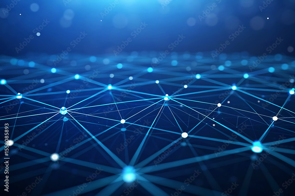 Poster abstract blue network of glowing nodes and connecting lines in a digital space