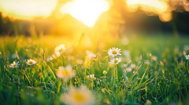 A serene meadow at sunset with daisies and grasses in soft focus, under a golden sky.