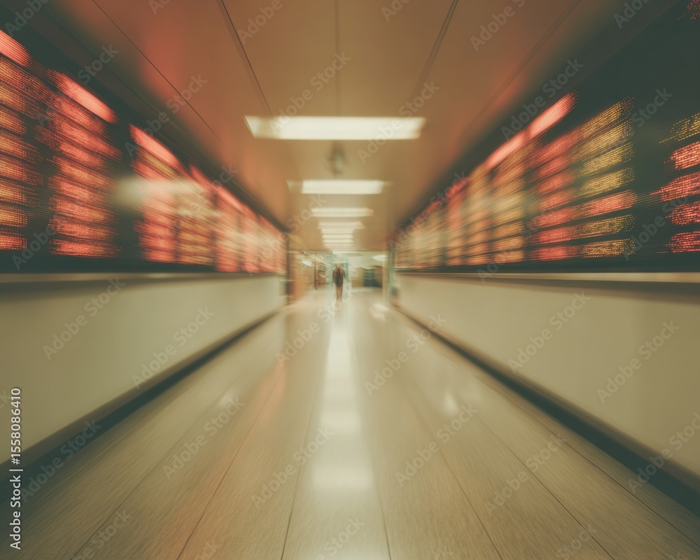 Aufkleber Blurred Market Ticker LED Display in Modern Stock Exchange Corridor Showing Dynamic Data for Financial Analysis and Investment Trends