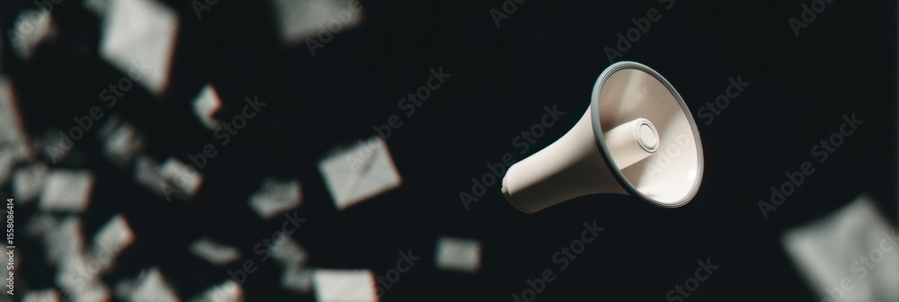 Aufkleber Digital marketing megaphone with floating message icons and speech bubbles symbolizing audience engagement and accelerated market reaction in tech and business