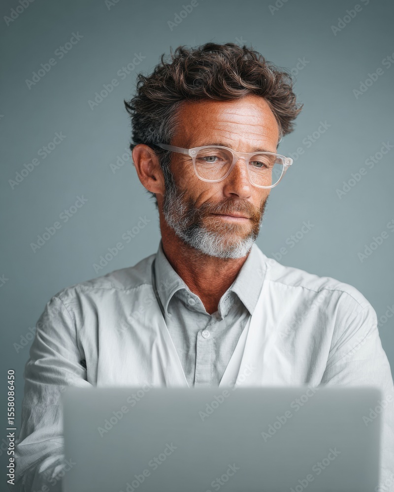 Poster thoughtful loss mitigation professional using laptop with risk management dashboard in modern office