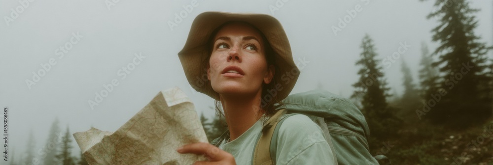 Aufkleber Adventurous female biologist navigating rugged forest terrain with map and backpack, embodying exploration and resilience in modern scientific field research