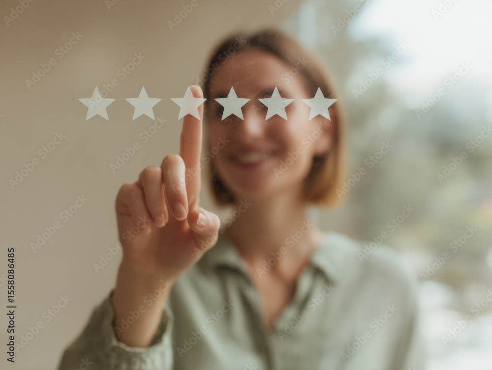 Aufkleber tech-savvy businesswoman selecting five-star rating on transparent interface for customer satisfacti