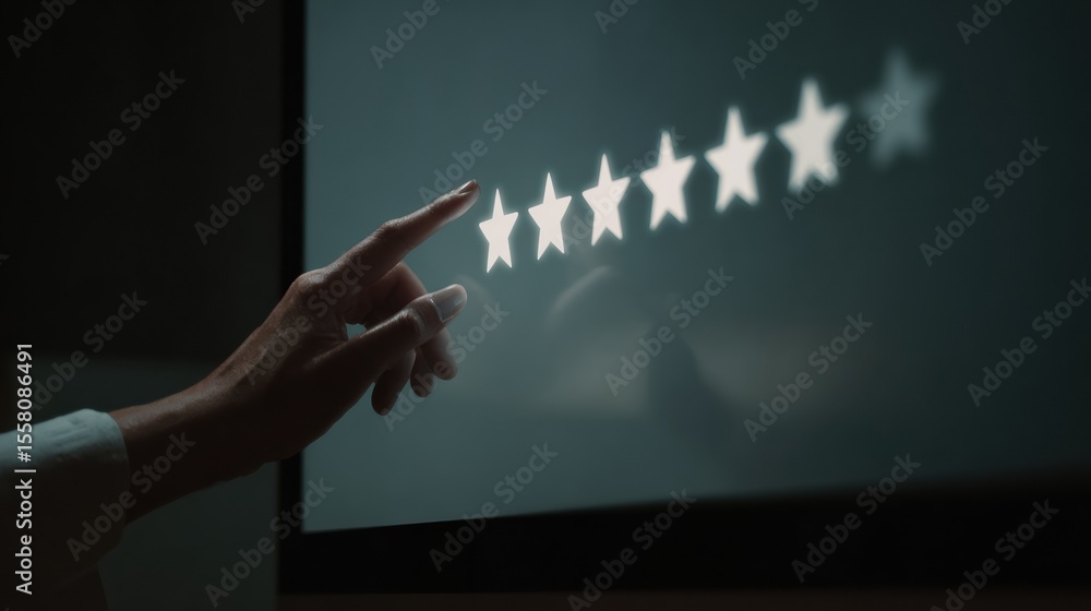 Poster interactive digital five-star business review interface with hand gesture on screen for customer fee