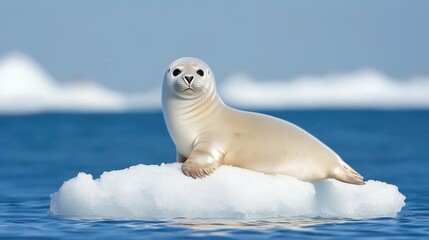Naklejka premium a harp seal lie on a piece of ice with in the background the shore