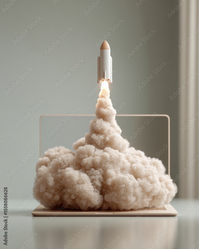 Poster futuristic laptop rocket launch with cloud vapor and digital interface on glass desk for tech innova