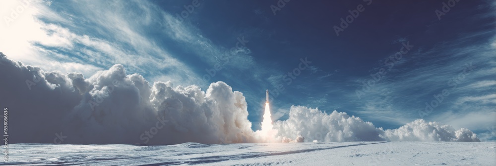 Poster digital transformation concept with rocket launching from laptop in surreal cosmic sky, symbolizing 
