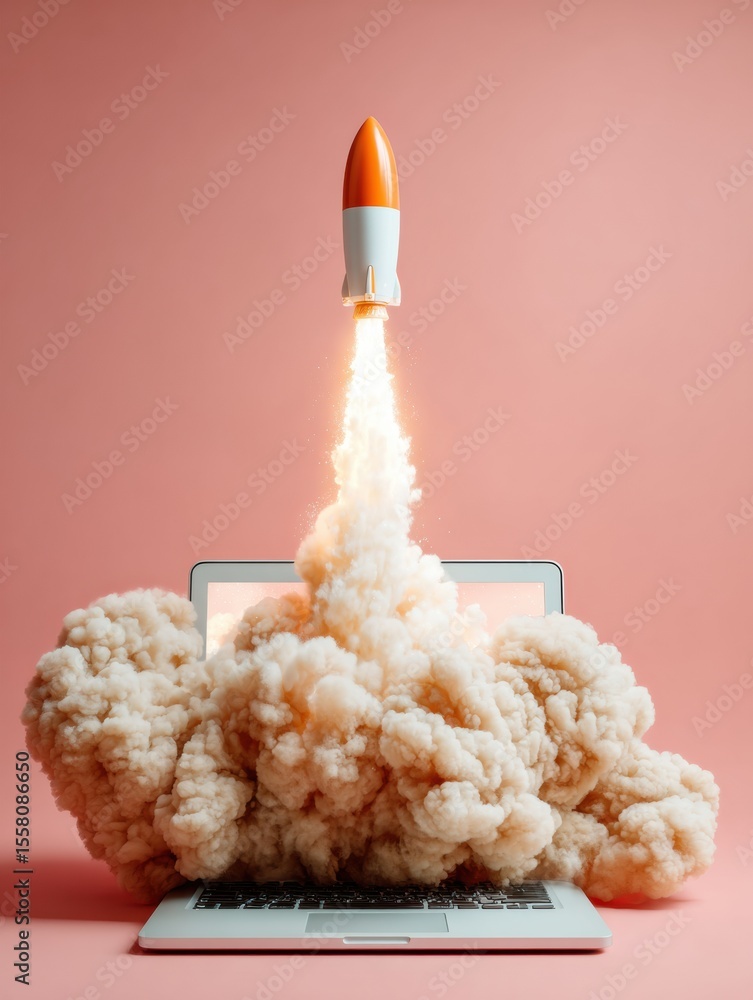 Aufkleber Tech Startup Concept with Rocket Launching from Laptop Surrounded by Clouds - Creativity and Innovation for Business Branding and Digital Marketing