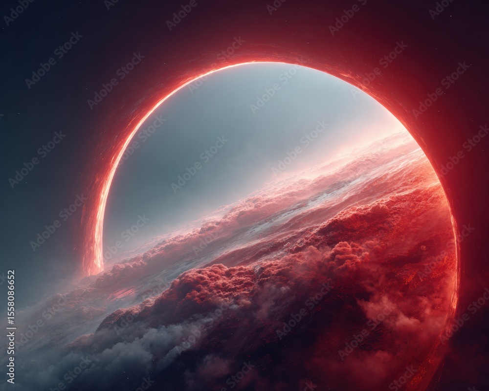 Poster futuristic space station window with neon accents viewing glowing planet and starry cosmos - advance