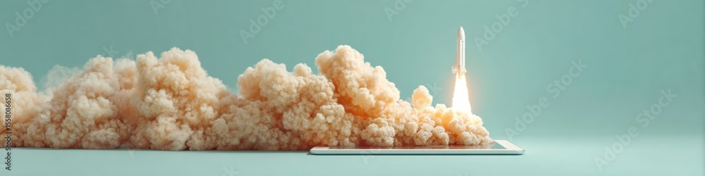 Aufkleber Digital Rocket Launch Concept with Vapor Cloud Emerging from Tablet Screen on Sleek Surface - Symbolizing Rapid Online Growth and Breakthrough Success